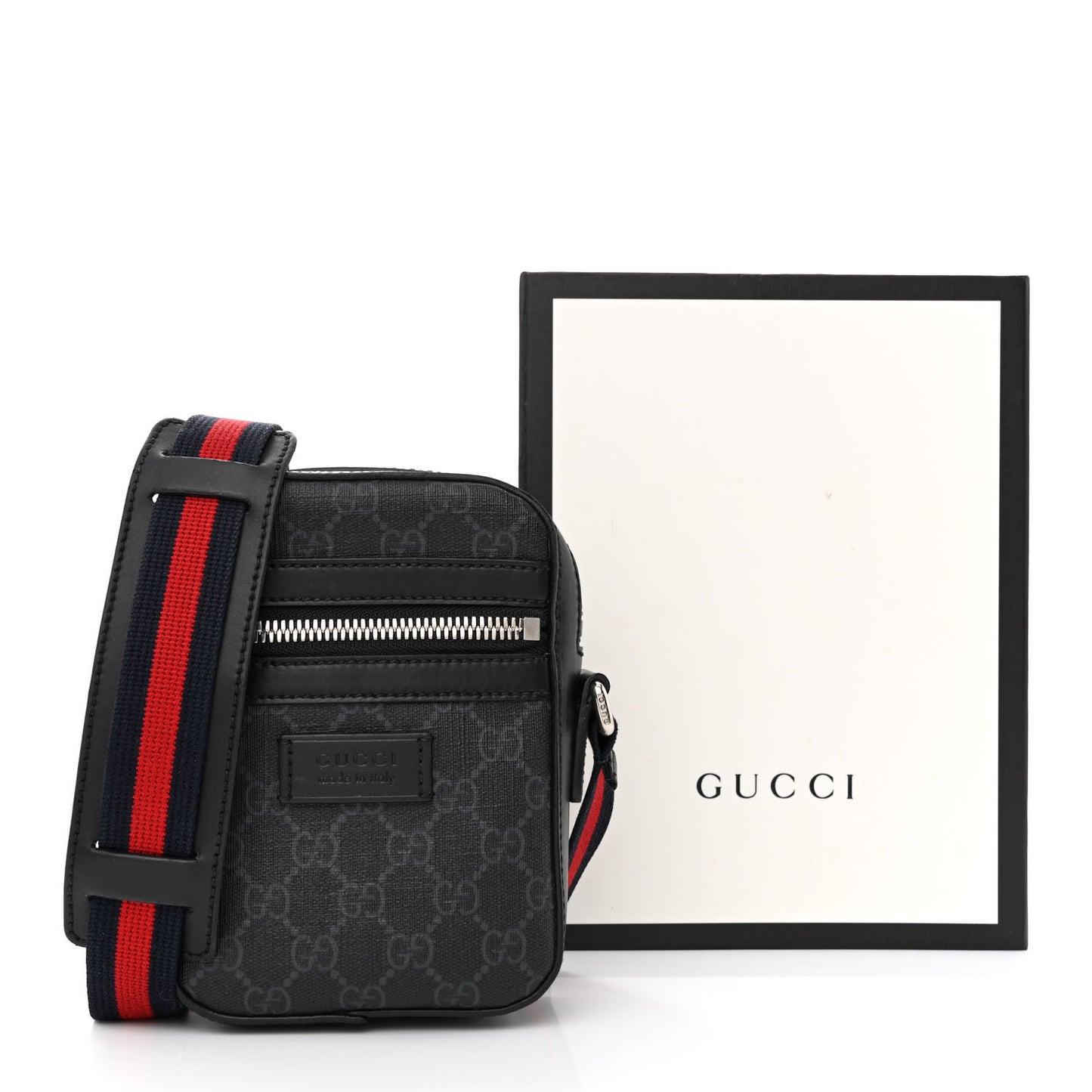 GG Supreme Monogram Appia Calfskin Web Small Camera Messenger Bag Black Grey