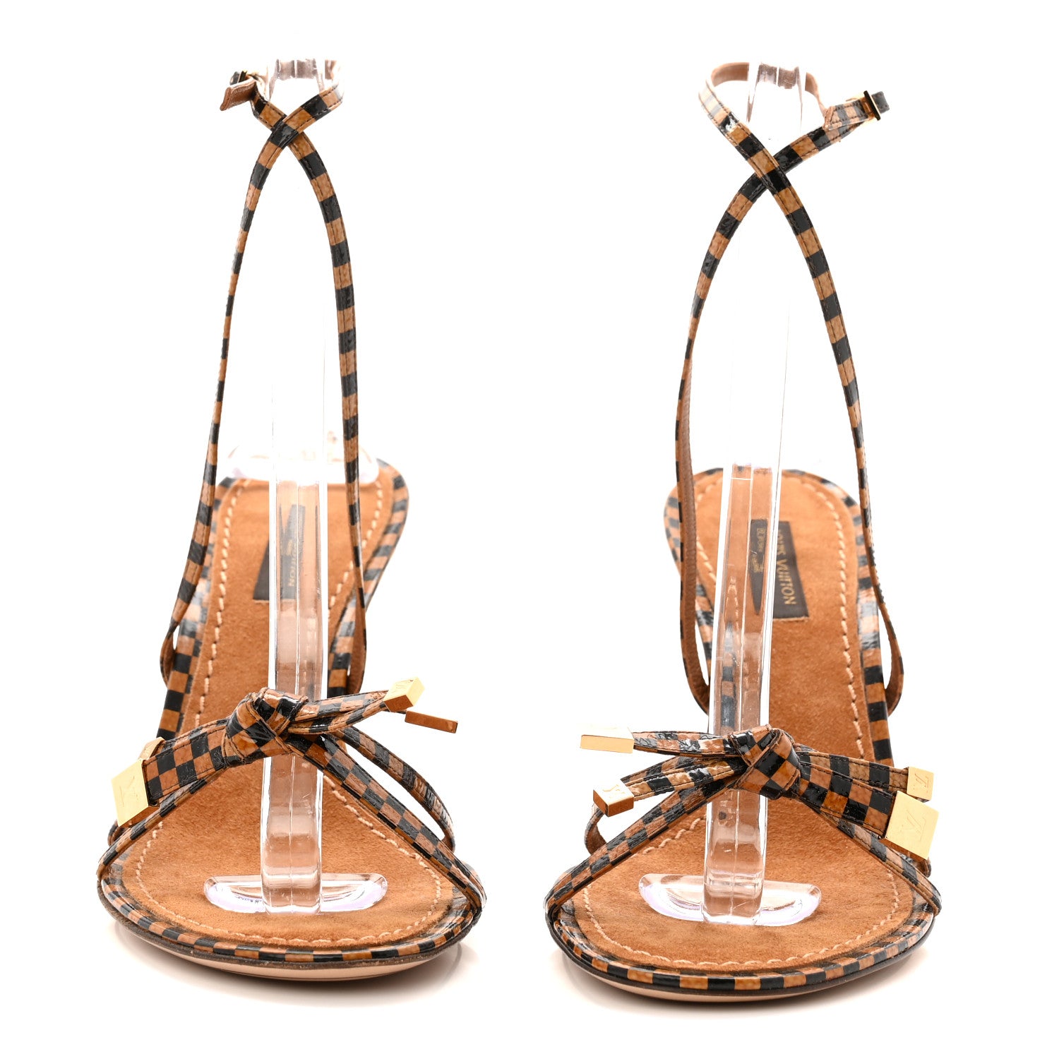 Louis Vuitton Patent Suede Damier Bow Ankle Wrap Sandals 38 2 of 9