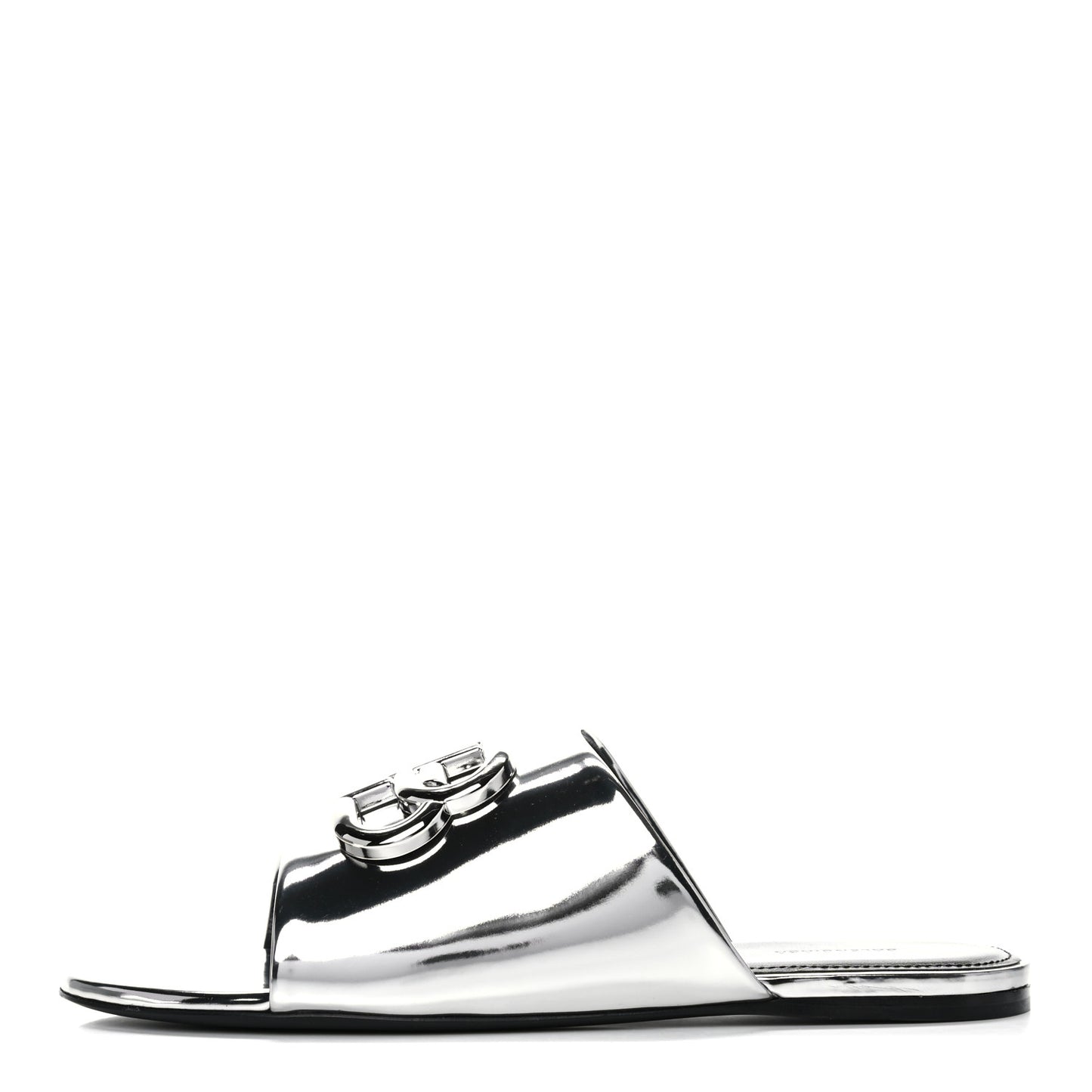 Mirror Metallic Calfskin Oval BB Slide Sandals 36 Silver