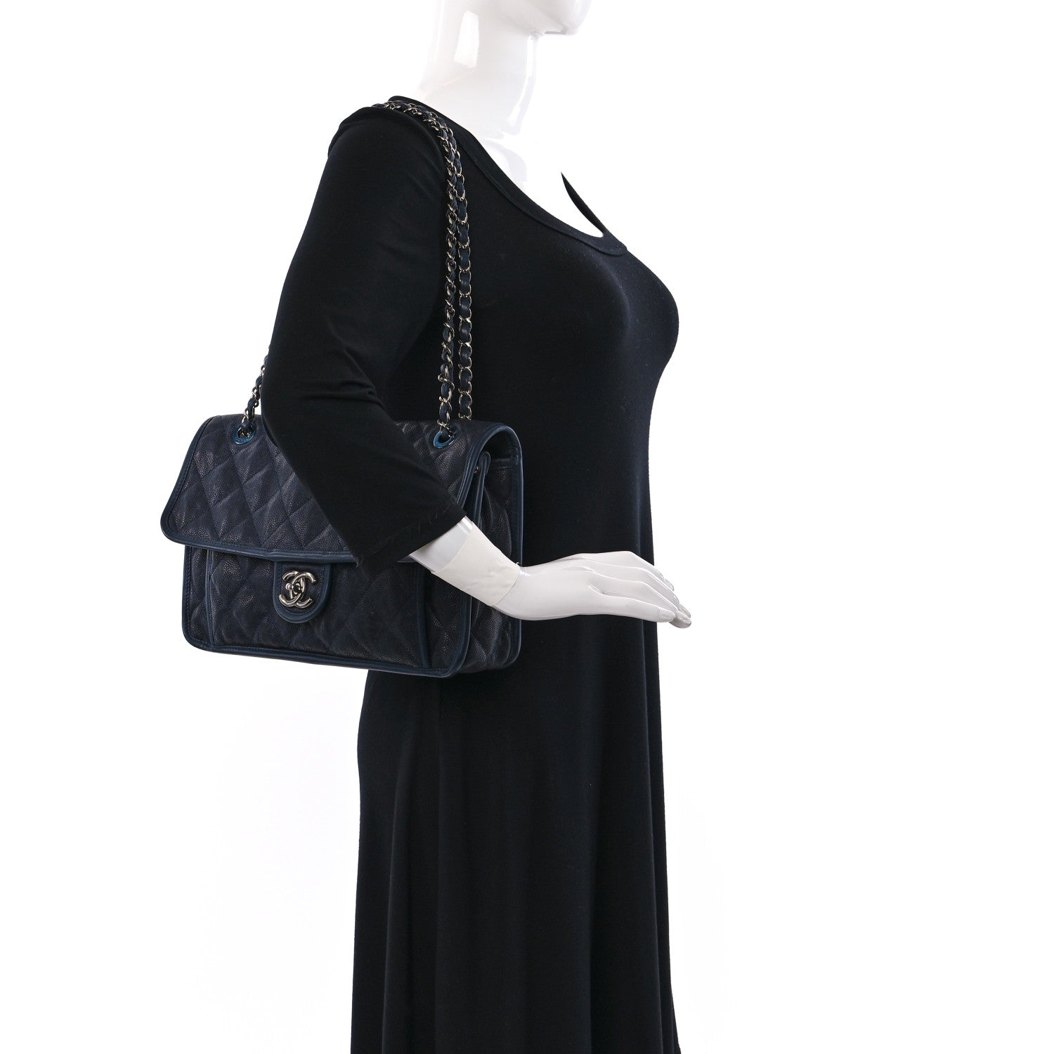 Chanel Caviar Quilted Medium French Riviera Flap Dark Navy Blue 2 of 10