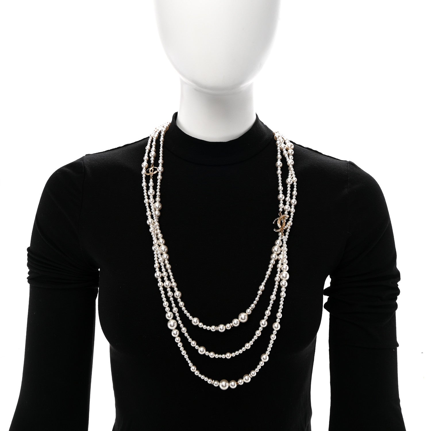 Chanel Metal Pearl Crystal Graduated CC Multi Strand Necklace Gold 2 of 5