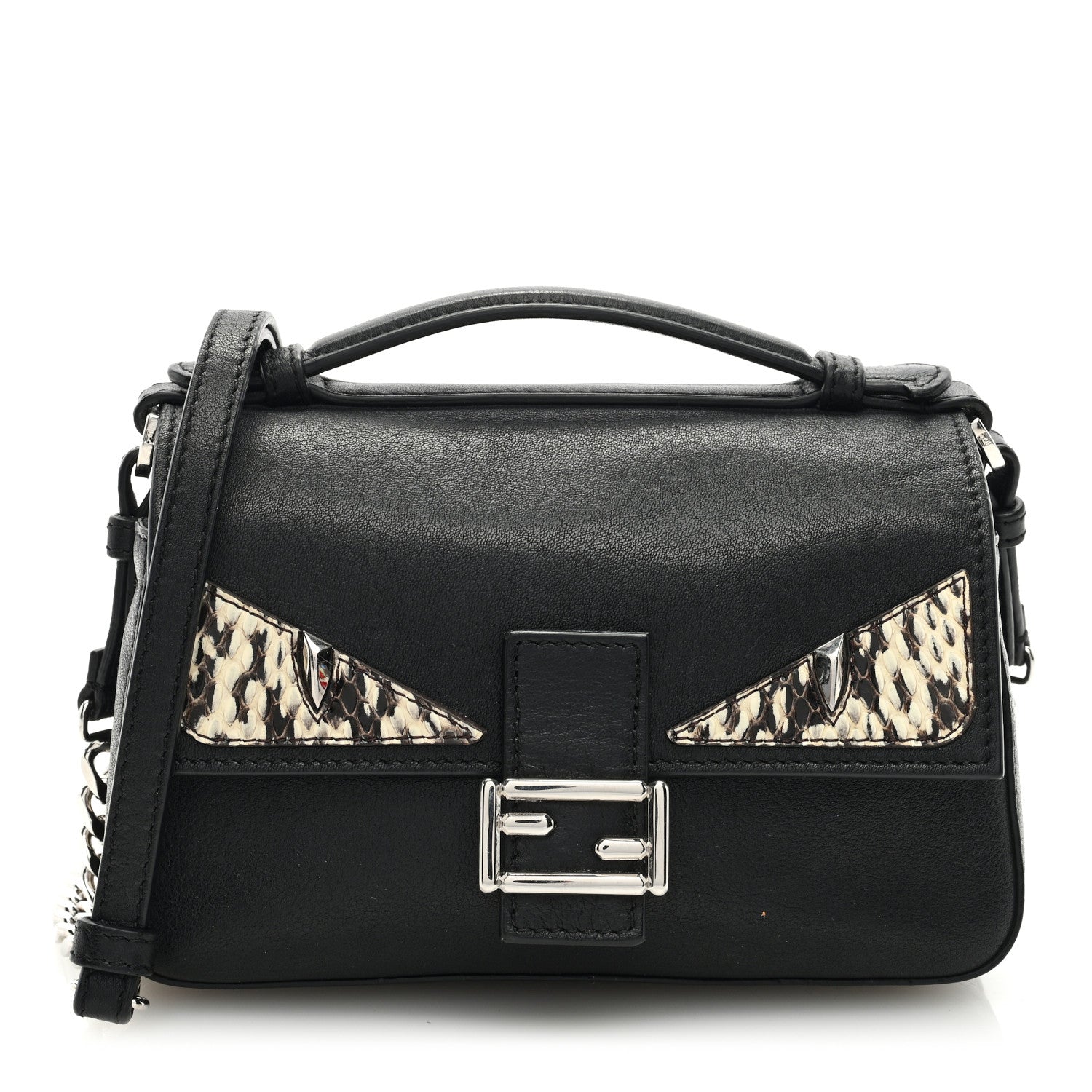 Fendi Vitello Dolce Elaphe Monster Eyes Micro Double Baguette Black Naturale 1 of 10