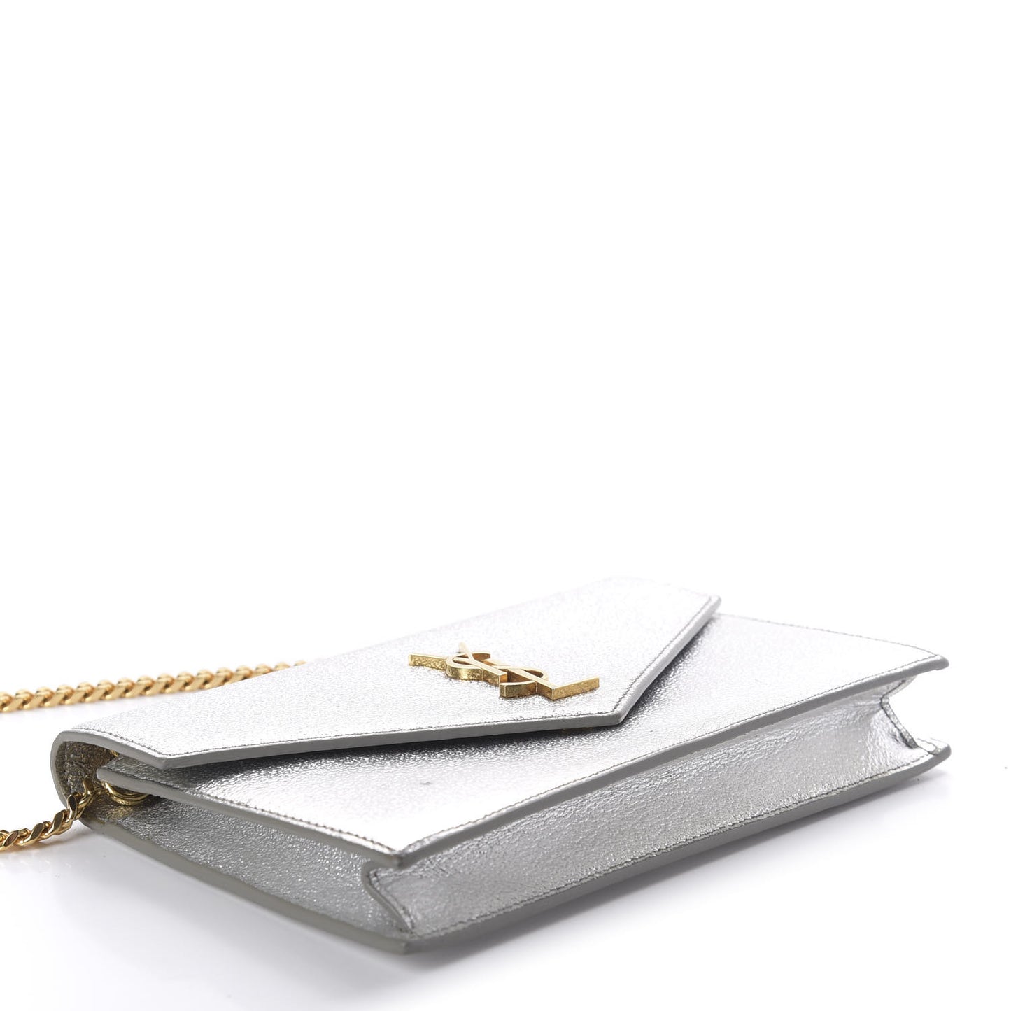 Metallic Calfskin Monogram Envelope Chain Wallet Platine