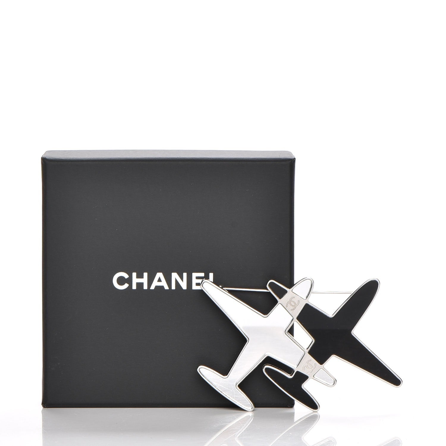 Chanel Metal Resin Mirror CC Airplane Brooch Black Silver 5 of 5