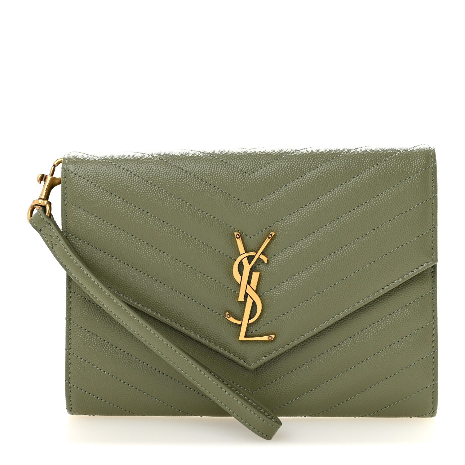 Saint Laurent Grain De Poudre Matelasse Chevron Monogram Envelope Clutch Light Sage 1 of 8
