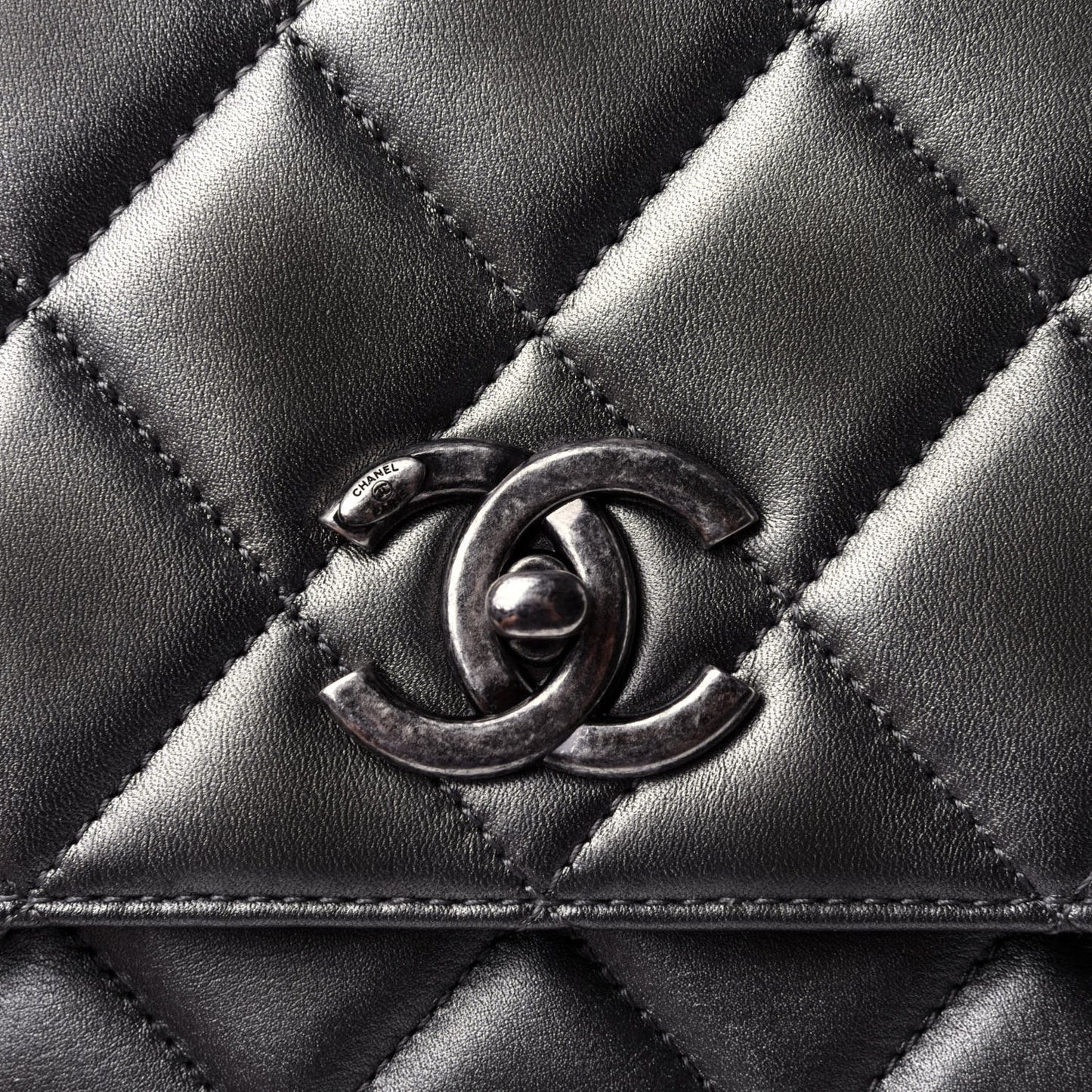 Metallic Calfskin Quilted Large Trendy CC Flap Dual Handle Bag Dark Silver