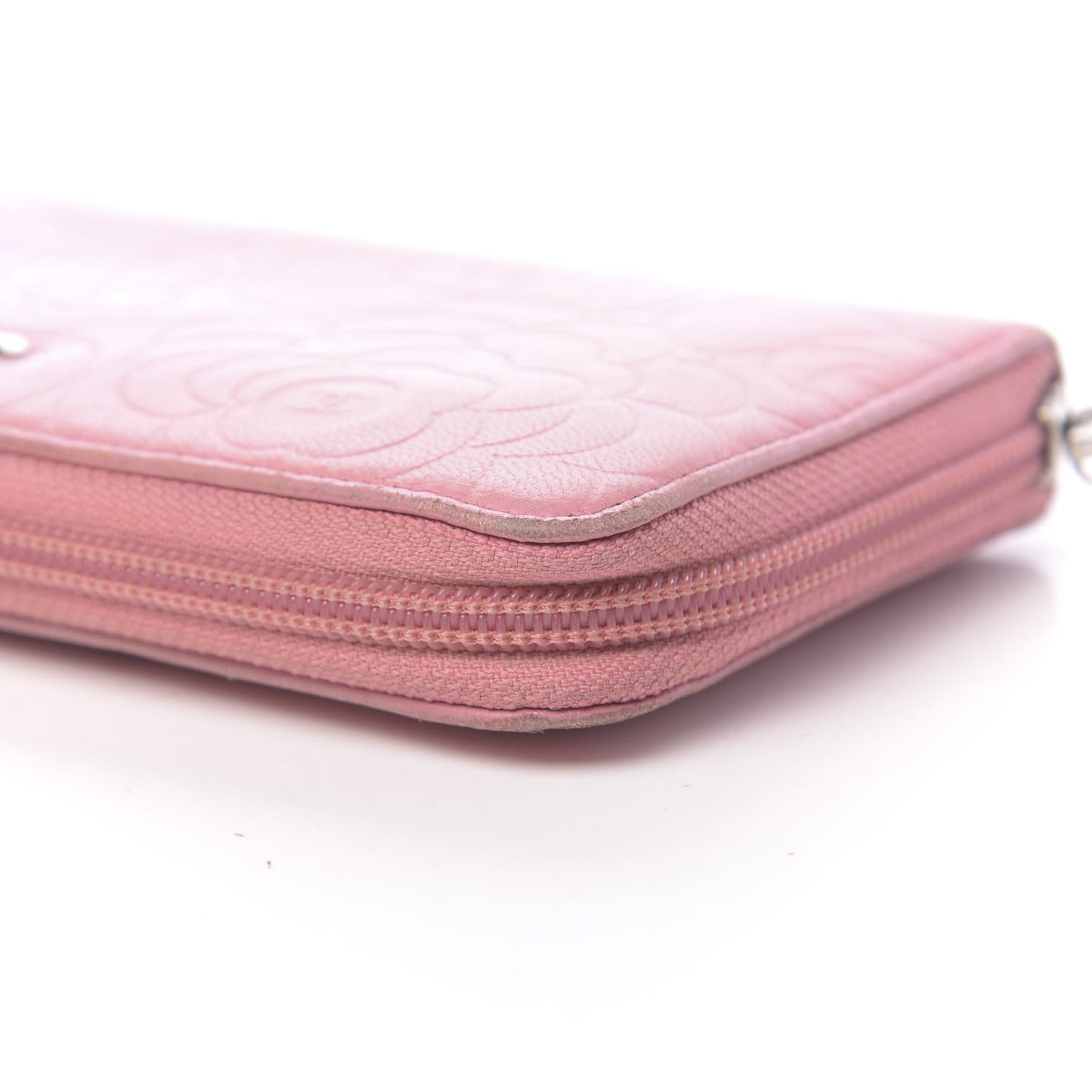 Lambskin Camellia Embossed Zip Around Large Gusset Wallet Pink