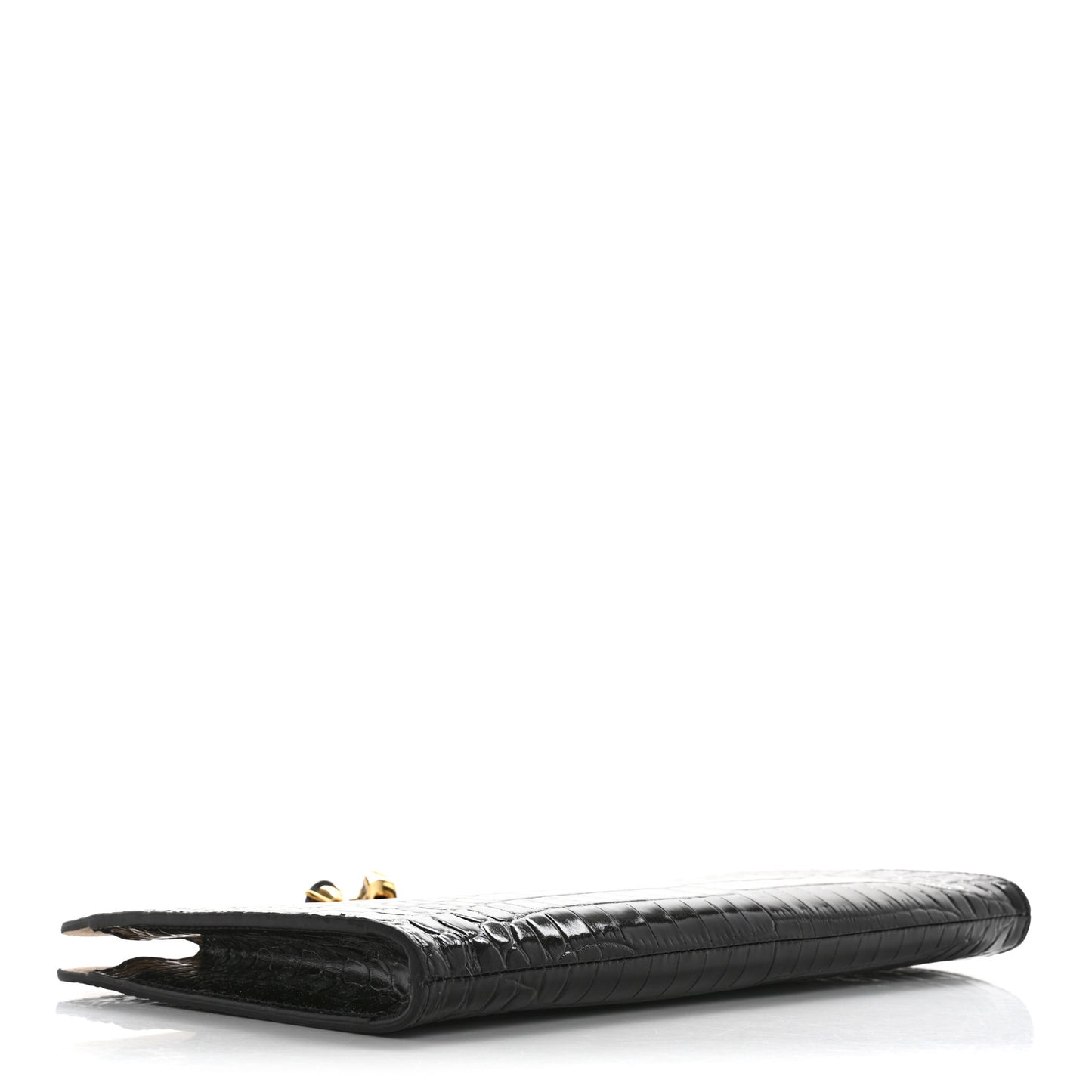 Calfskin Crocodile Embossed Knuckle Flat Clutch Black Gold