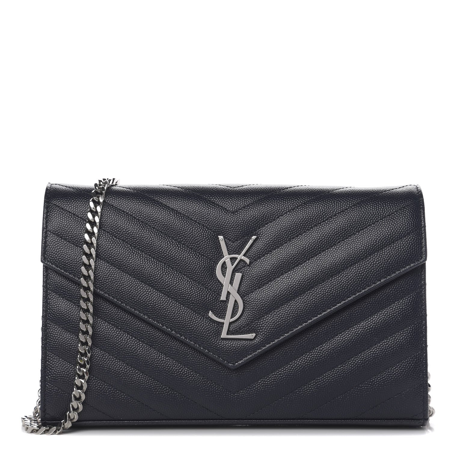 Saint Laurent Grain De Poudre Matelasse Chevron Monogram Chain Wallet Deep Marine 1 of 10