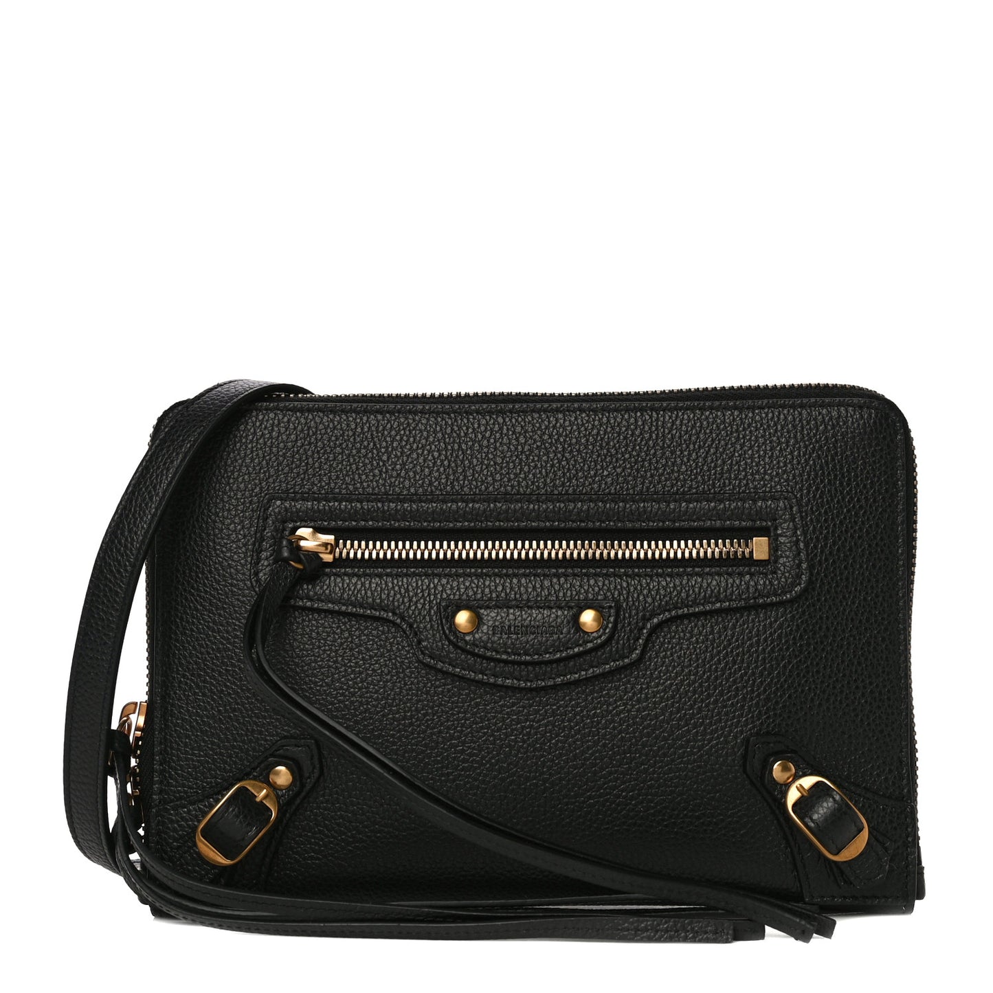 Grained Calfskin Neo Classic Gold Hardware Zip Around Crossbody Black