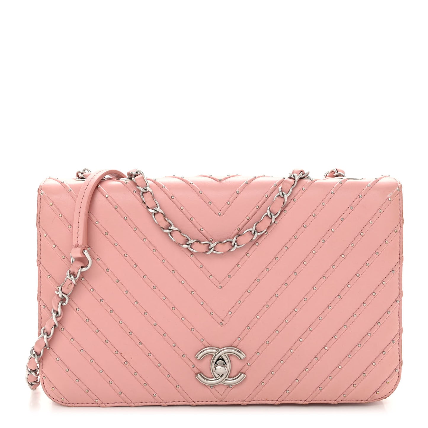 Calfskin Studded Chevron Quilted Flap Pink