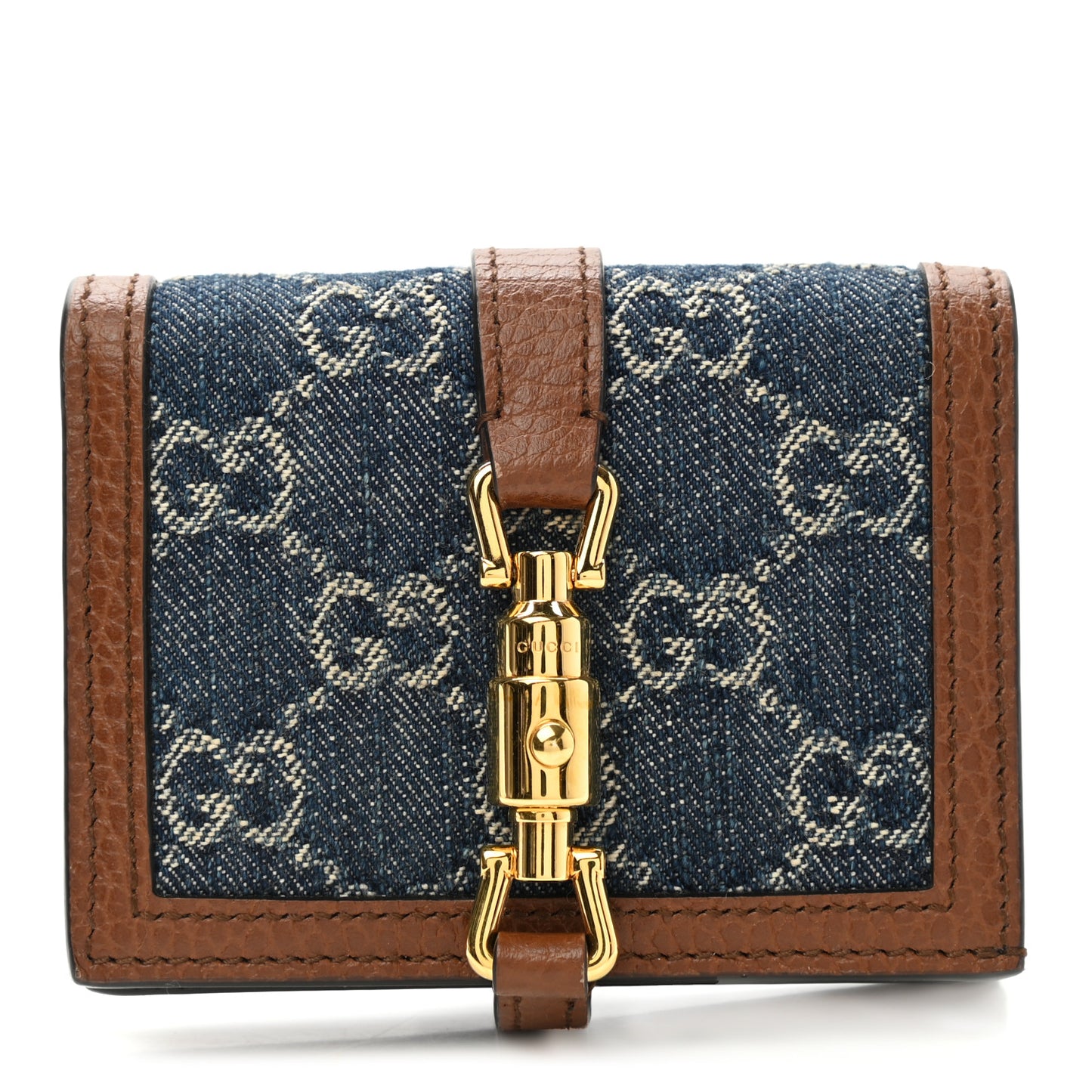 New Denim GG Monogram Jackie 1961 Card Case Blue Tea Cuir