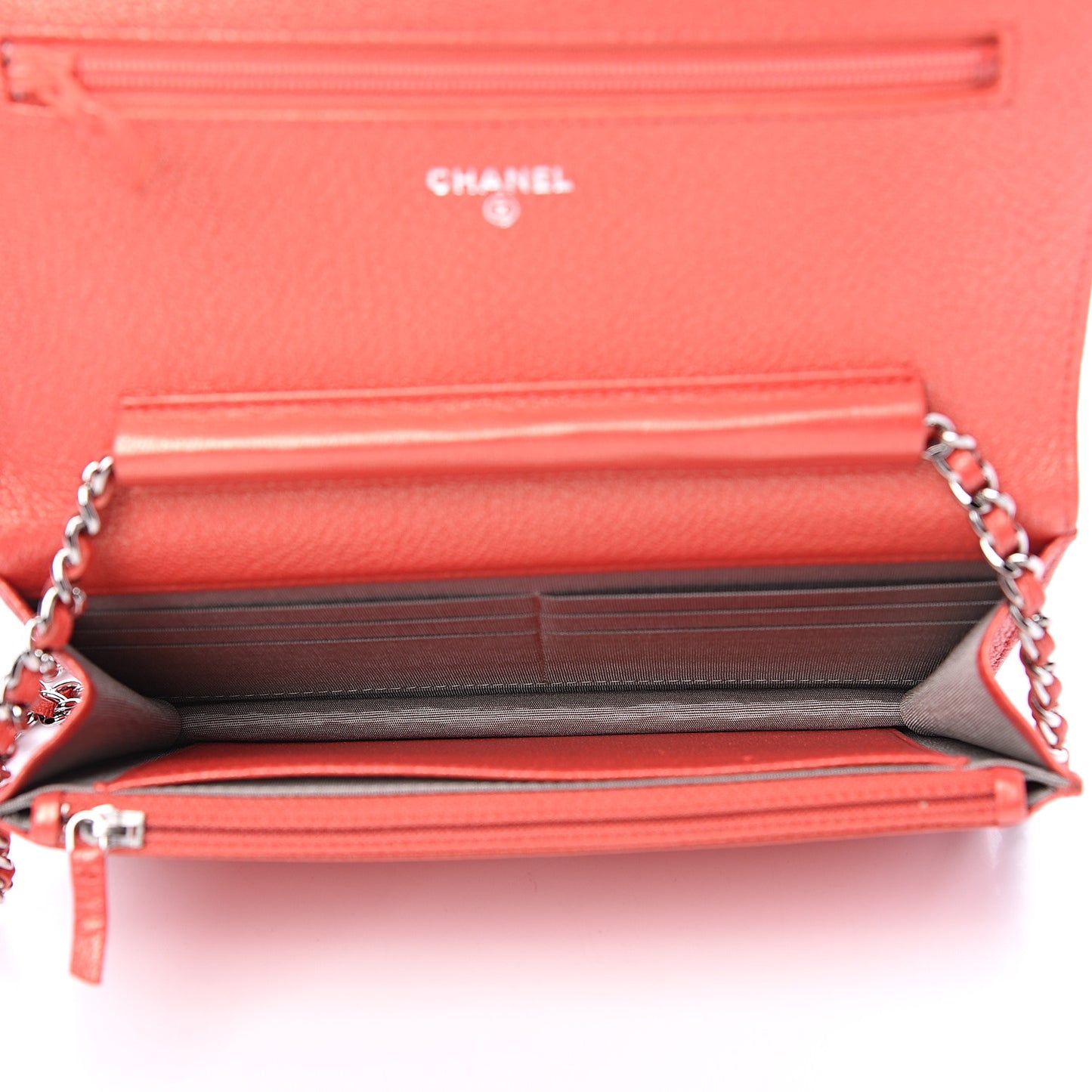 Metallic Goatskin Double Stitch Wallet On Chain WOC Orange