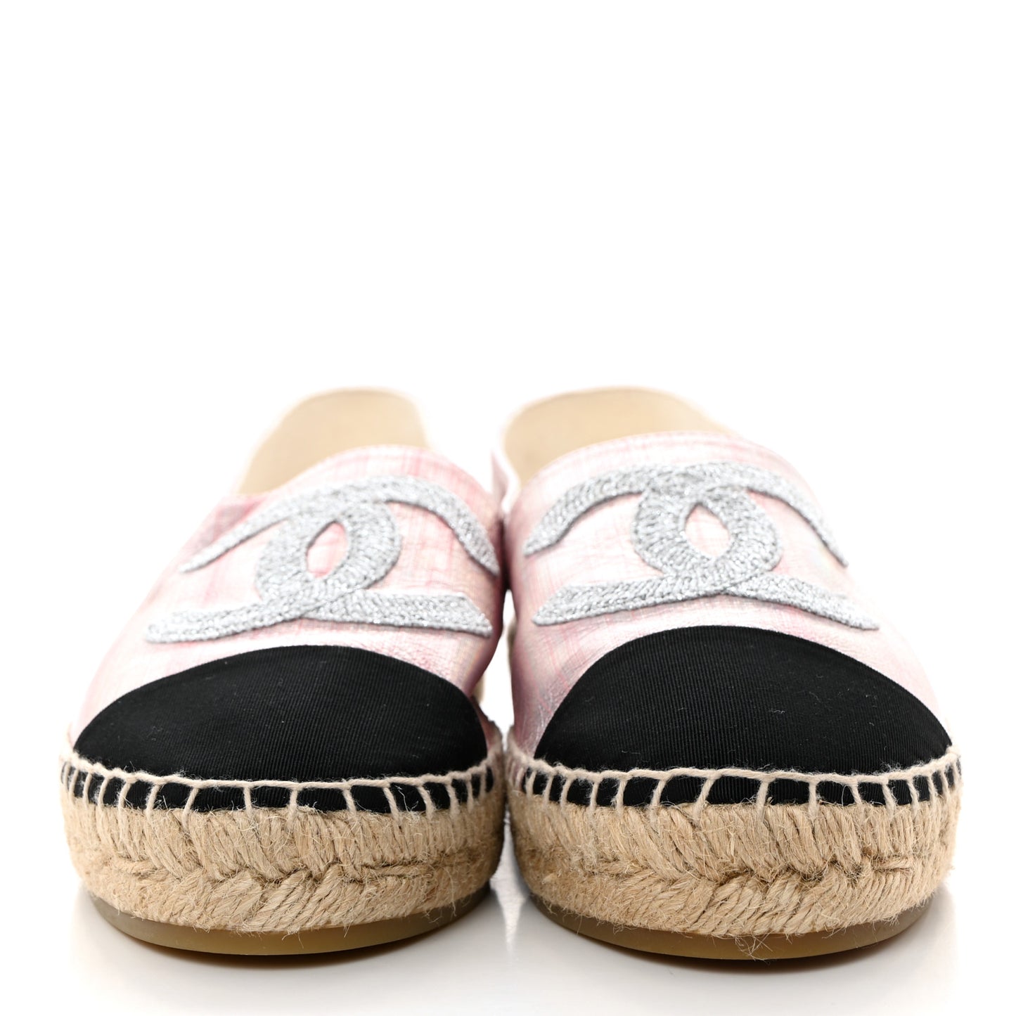 Laminated Lambskin Grosgrain Embroidered CC Espadrilles 40 Pink Silver Black