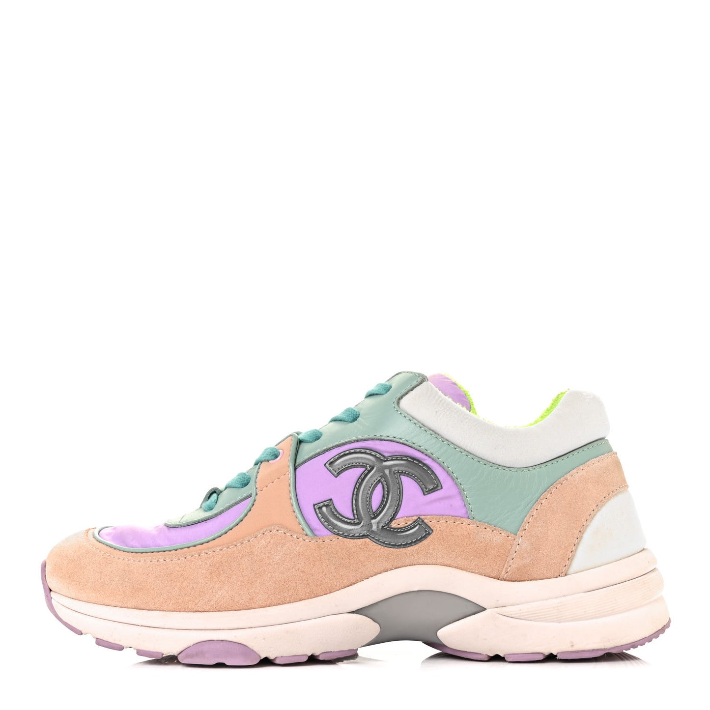 Nylon Lambskin Suede Calfskin CC Sneakers 37.5 Green Purple Pink