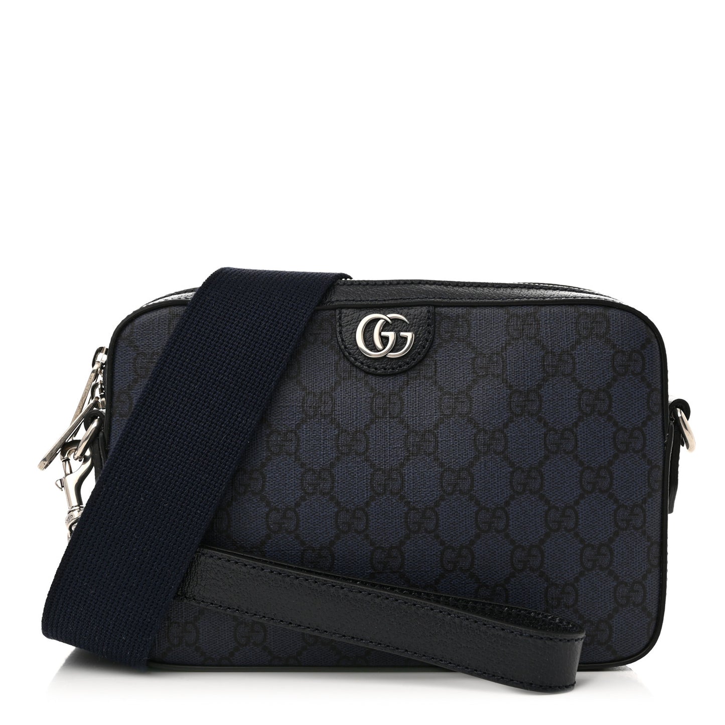 GG Supreme Monogram Textured Dollar Calfskin Web Ophidia Wristlet Shoulder Bag Black Blue