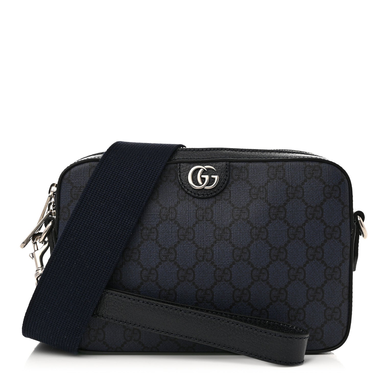 Gucci GG Supreme Monogram Textured Dollar Calfskin Web Ophidia Wristlet Shoulder Bag Black Blue 1 of 12