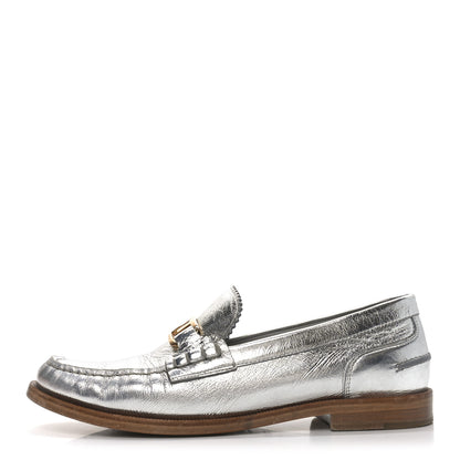 Fendi Metallic Vitello Womens O'Lock Loafers 38 Argento 1 of 8