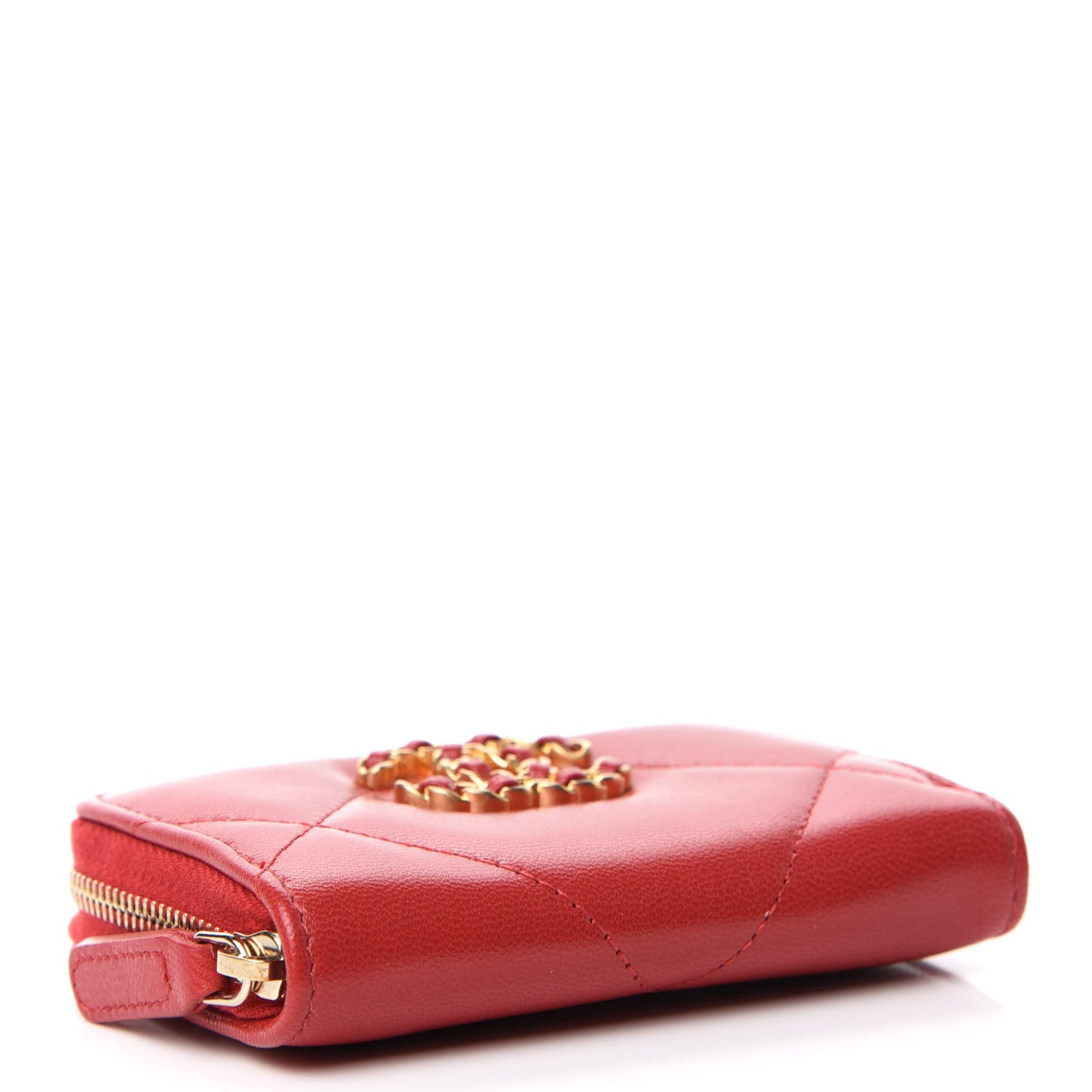 Goatskin Quilted Chanel 19 Zip Around Coin Purse Wallet Red