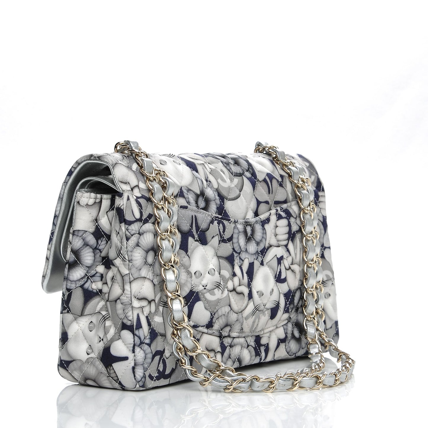 Nylon Quilted Medium Cat Emoticon Double Flap Navy Grey Ecru