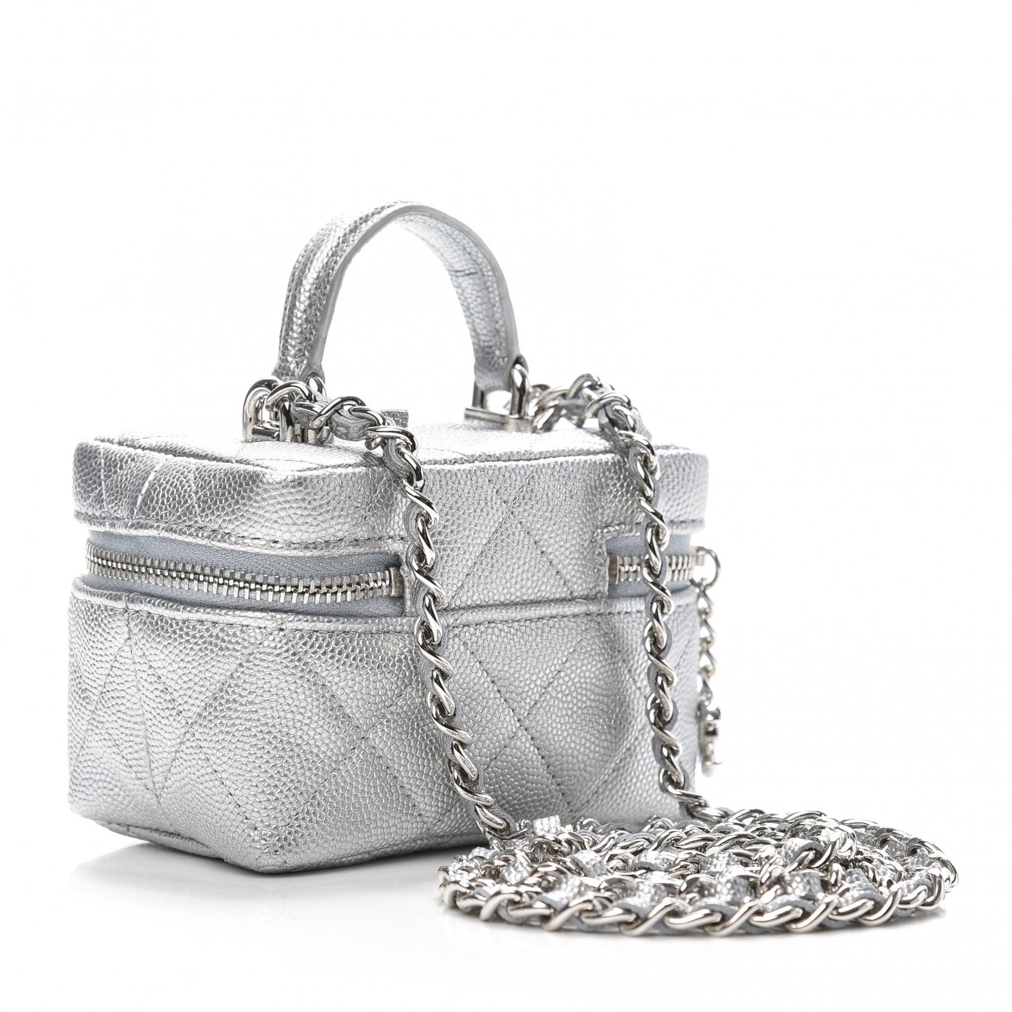 Metallic Caviar Quilted Mini Top Handle Vanity With Chain Silver