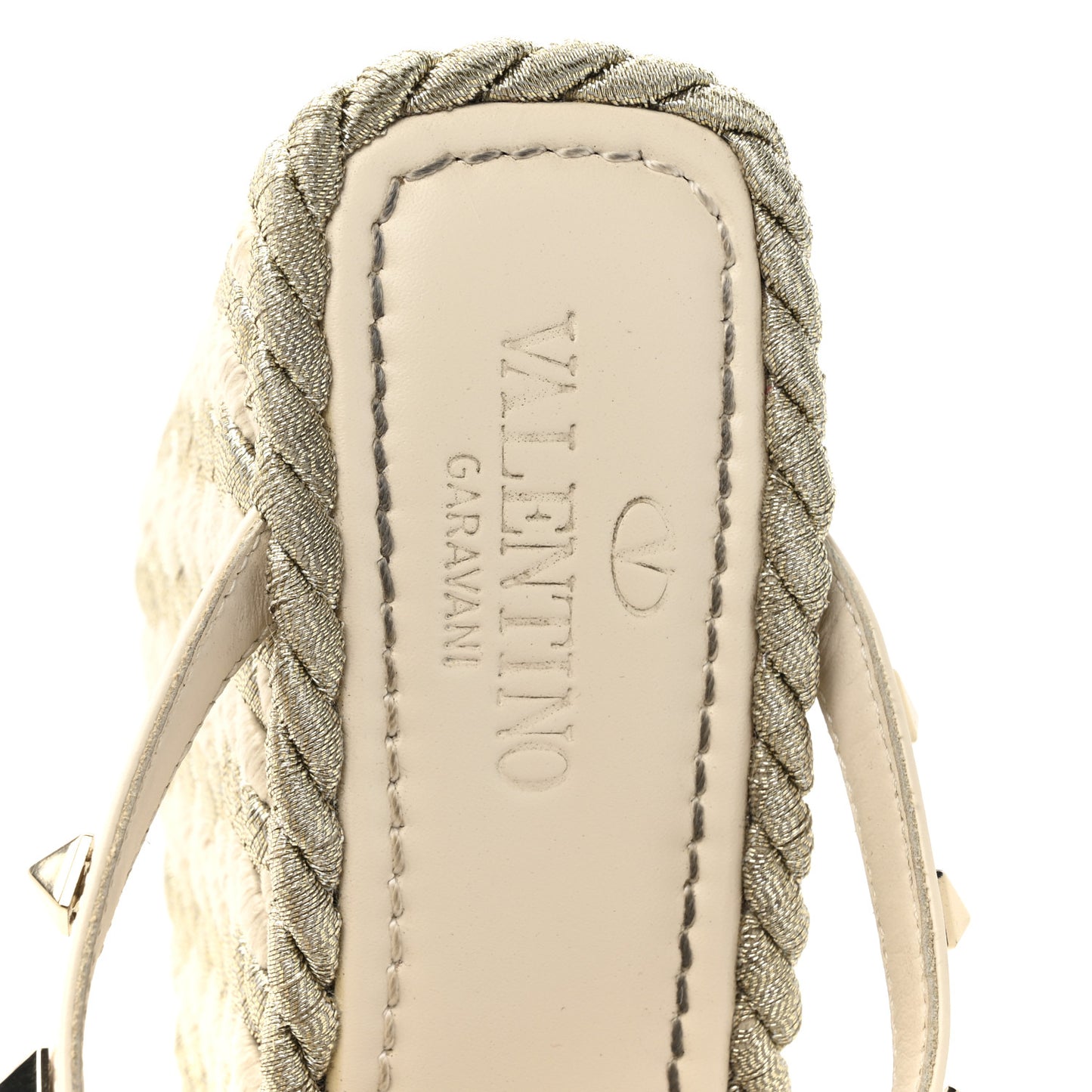 Calfskin Silk Rockstud Torchon Espadrille Wedge 25/95mm Slide Sandals 37 Light Ivory