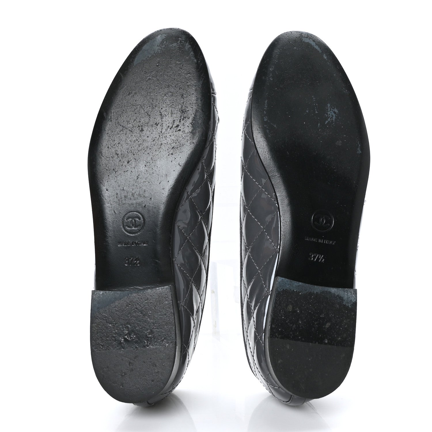 Chanel Patent Calfskin Quilted CC Cap Toe Ballerina Flats 37.5 Grey 5 of 9