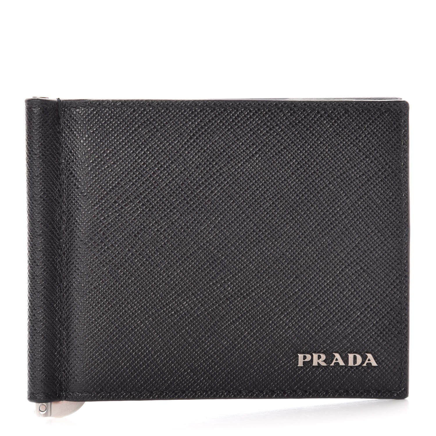 Prada Saffiano Metal Bi-Color Money Clip Bi-Fold Wallet Black Baltico 1 of 8