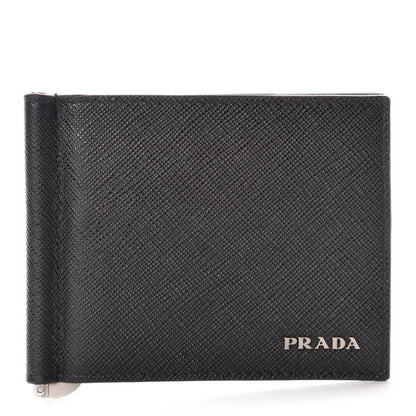 Prada Saffiano Metal Bi-Color Money Clip Bi-Fold Wallet Black Baltico 1 of 8