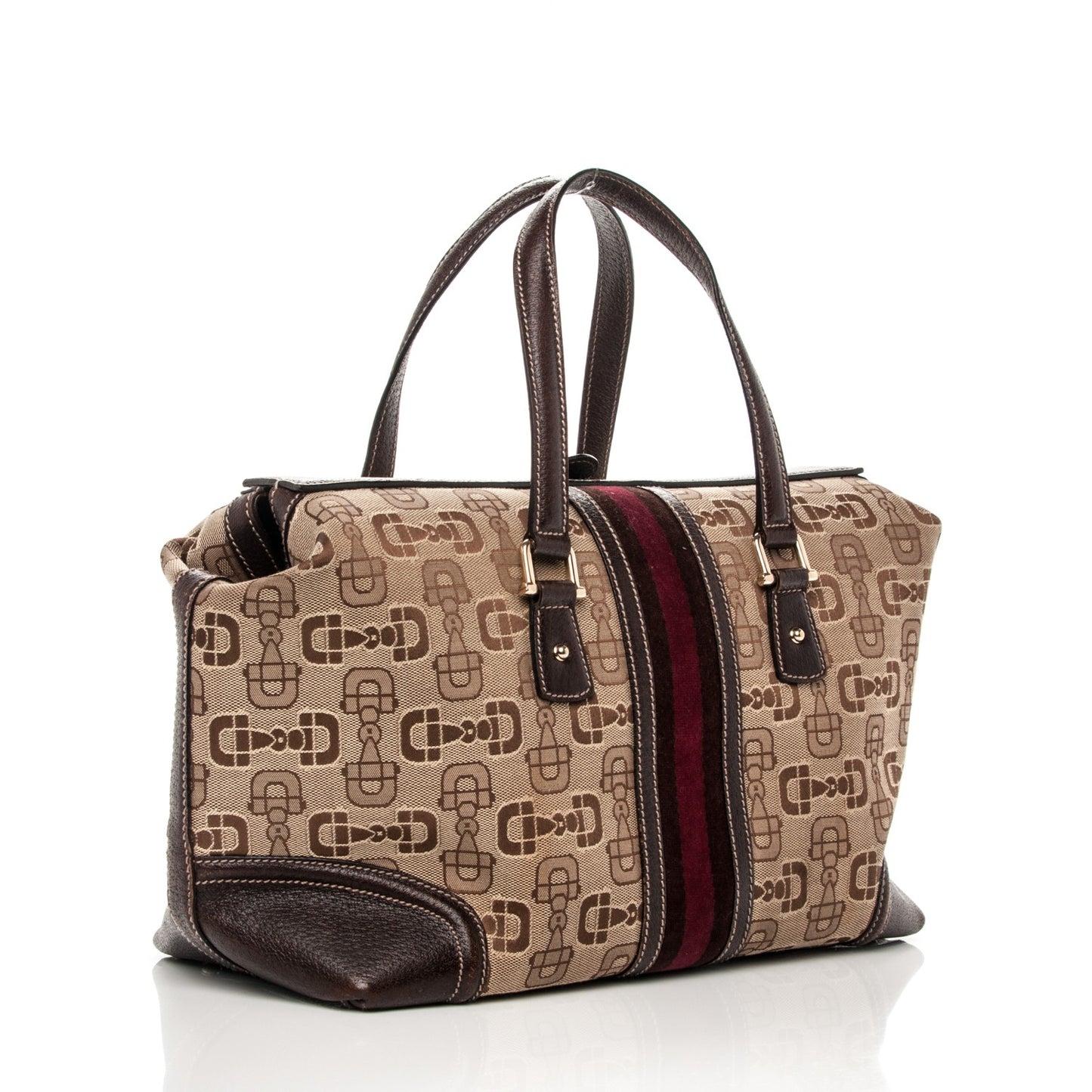 Horsebit Canvas Large Treasure Boston Tote Dark Brown