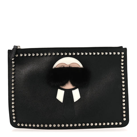 Vitello Elite Flamingo Mink Karlito Studded Pouch Black White Plaster
