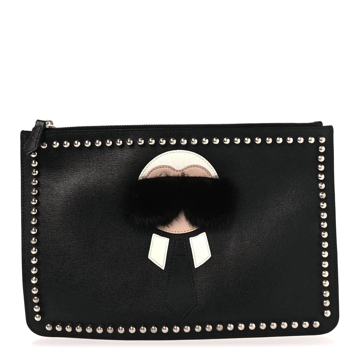 Fendi Vitello Elite Flamingo Mink Karlito Studded Pouch Black White Plaster 1 of 7