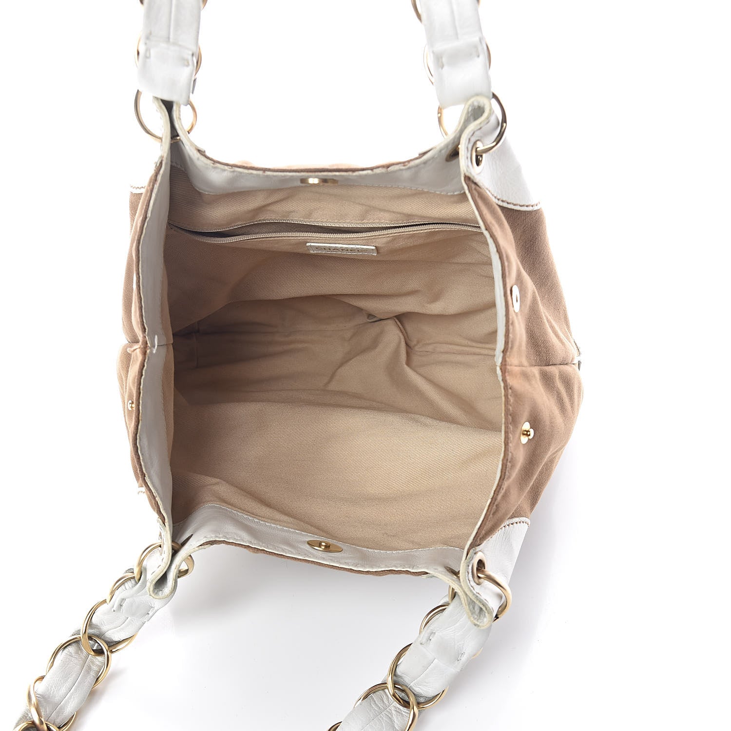 Chanel Canvas Calfskin CC Tote Brown White 5 of 17