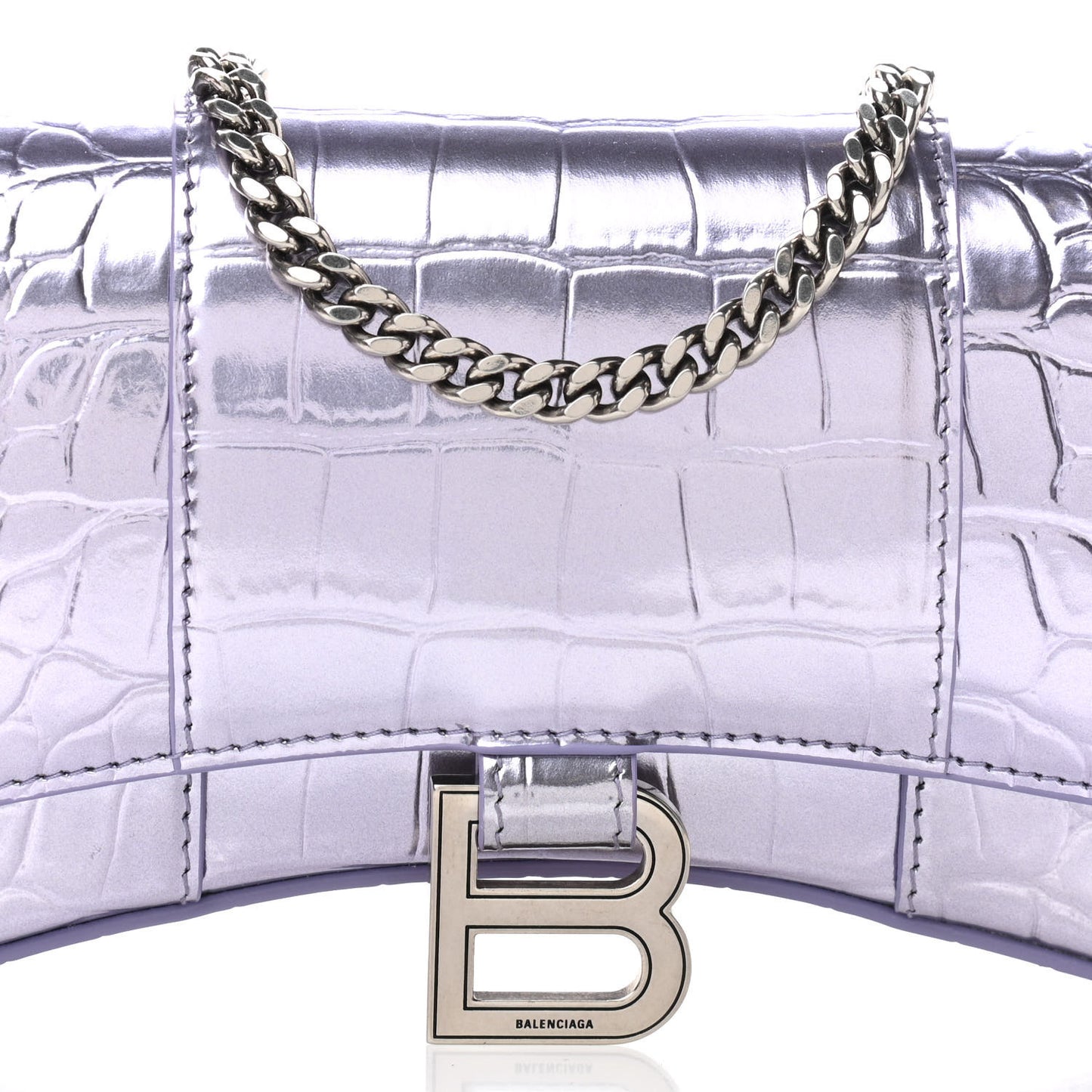 Shiny Metallic Calfskin Crocodile Embossed Hourglass Chain Bag Lilac