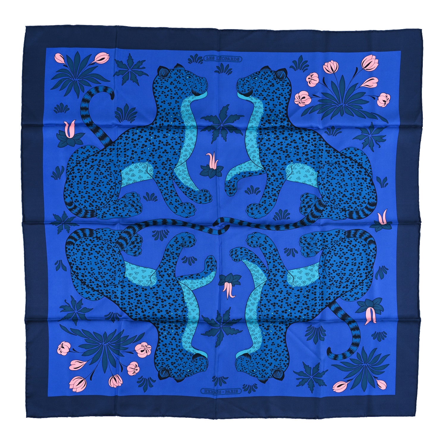 Hermes Silk Les Leopards Scarf 90 Marine Bleu Roy Turquoise 1 of 3