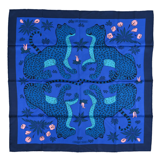 Silk Les Leopards Scarf 90 Marine Bleu Roy Turquoise