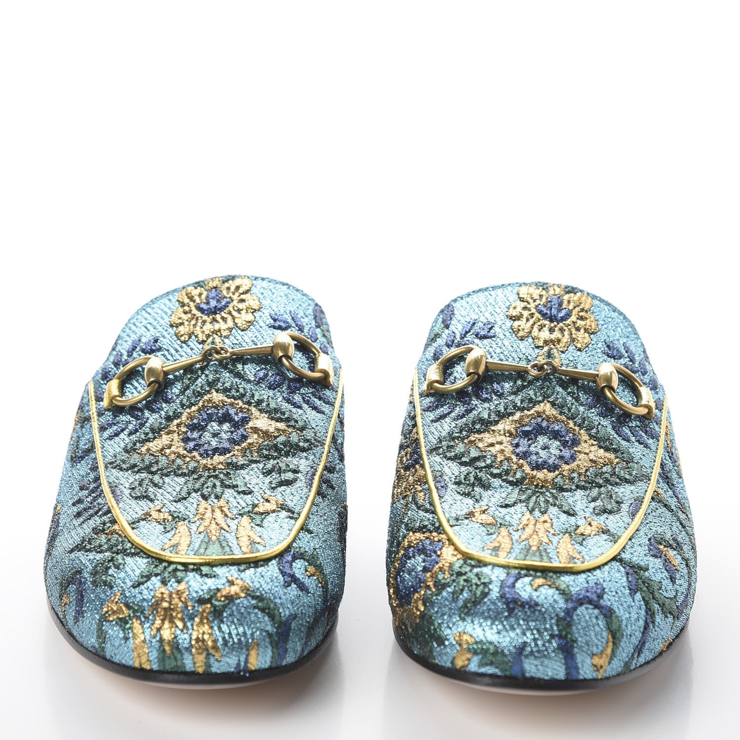 Gucci Iridescent Brocade Womens Princetown Slippers 38.5 Azure Multicolor Oro 2 of 10