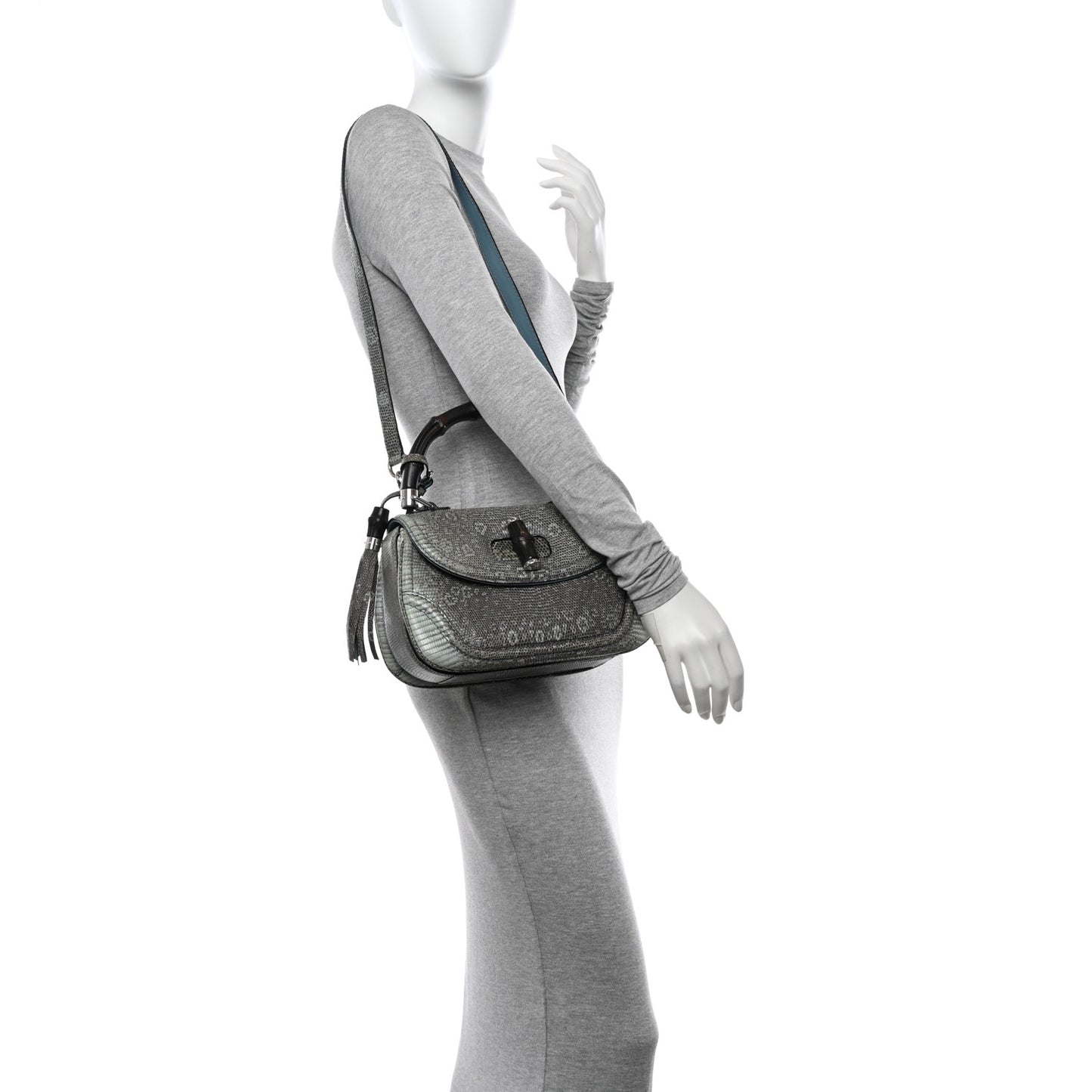 Calfskin Lizard Embossed Medium New Bamboo Top Handle Bag Blue