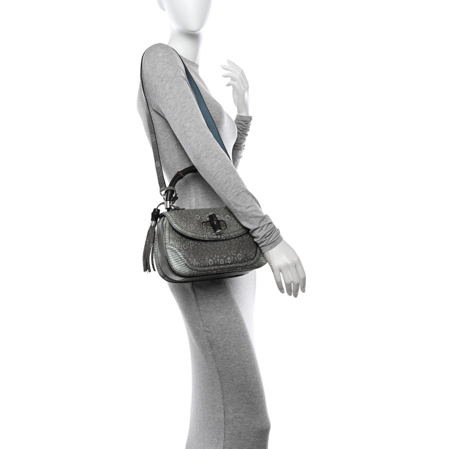 Gucci Calfskin Lizard Embossed Medium New Bamboo Top Handle Bag Blue 2 of 14