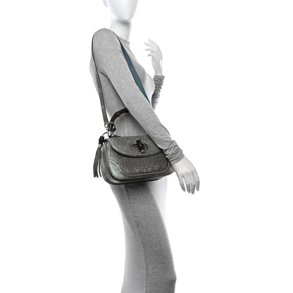Gucci Calfskin Lizard Embossed Medium New Bamboo Top Handle Bag Blue 2 of 14