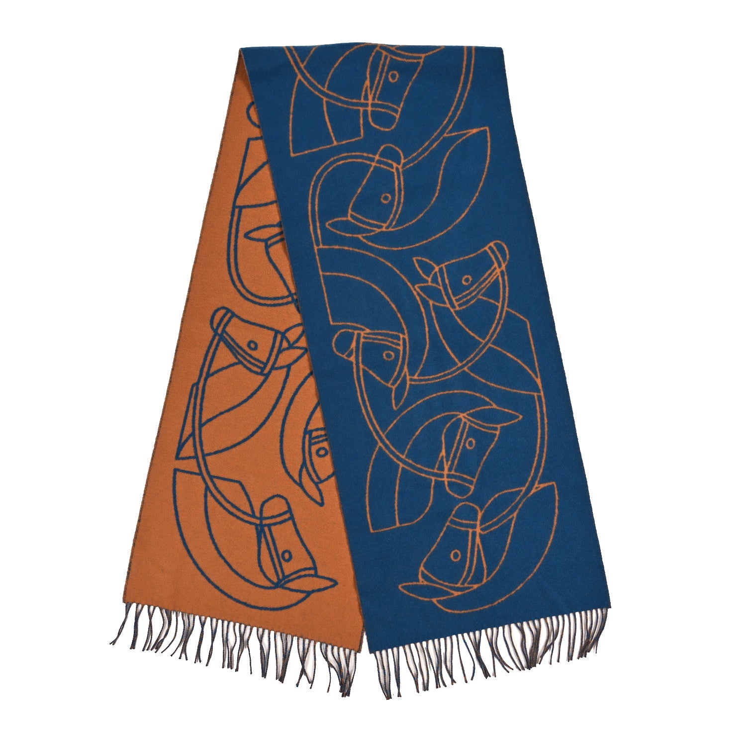 Hermes Cashmere Casaque Entrelacs Equestres Muffler Bleu Pilote Camel 2 of 3