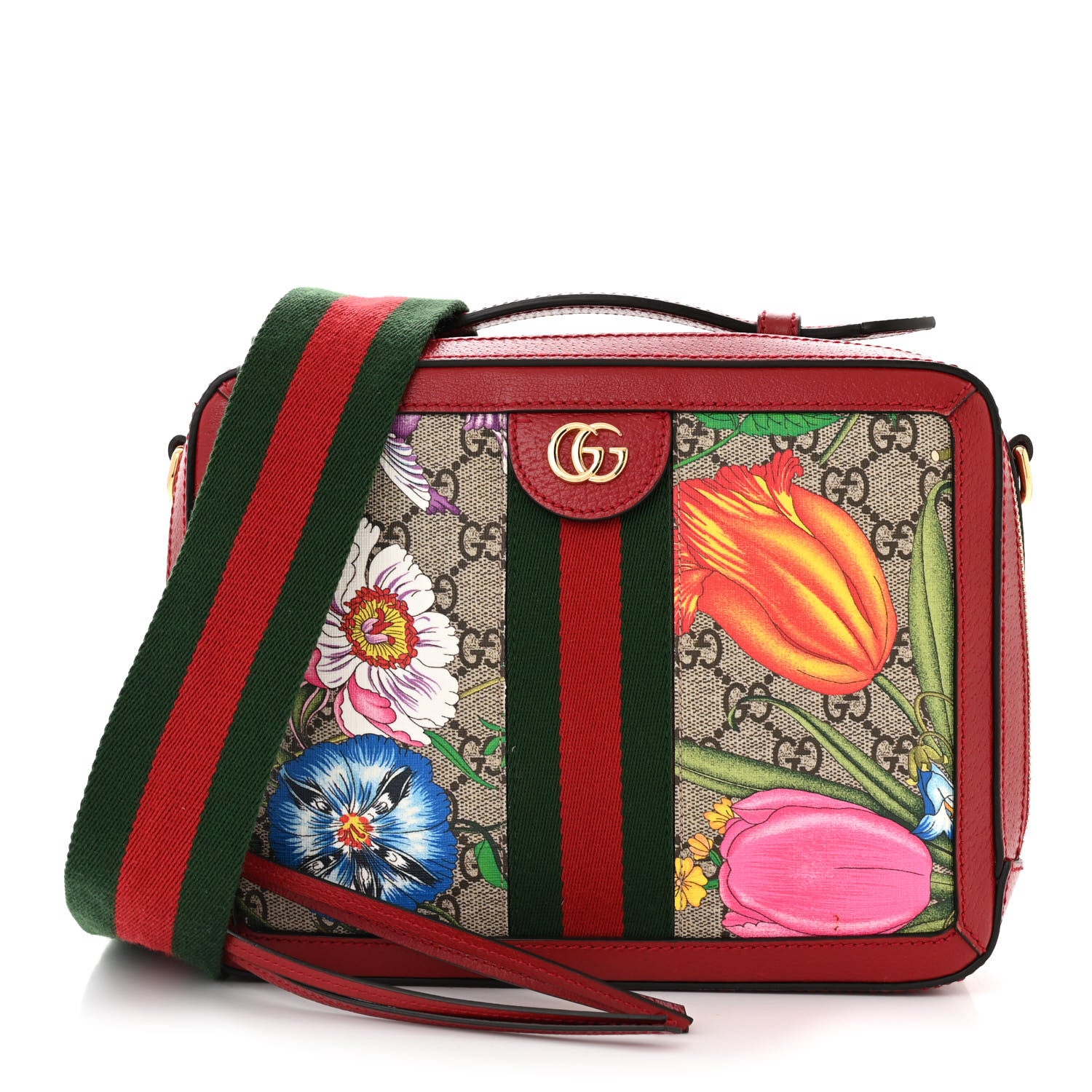 Gucci GG Supreme Monogram Flora Web Small Ophidia Top Handle Shoulder Bag Hibiscus Red 1 of 11