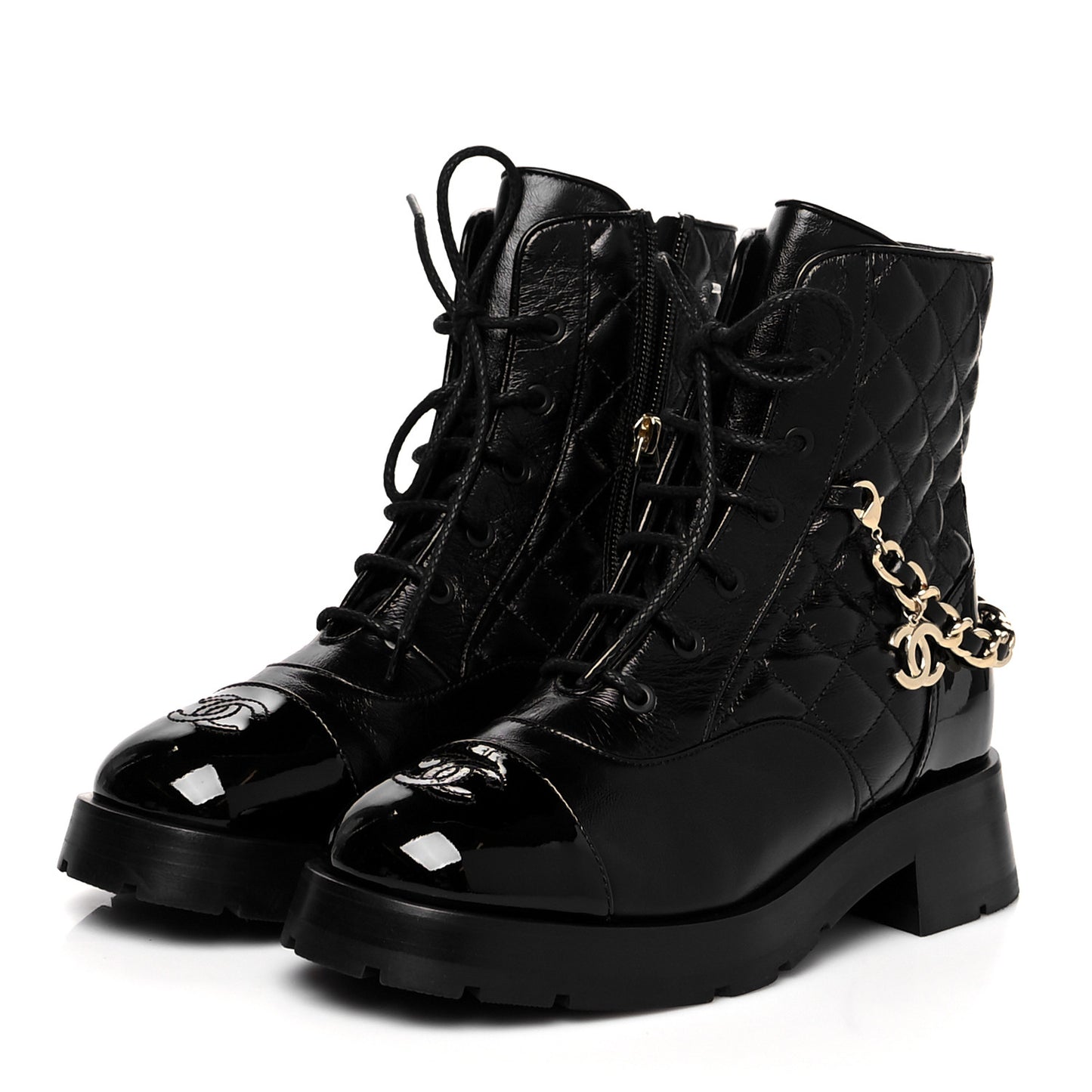 Shiny Calfskin Patent Quilted Chain Lace Up Combat Boots 39 Black