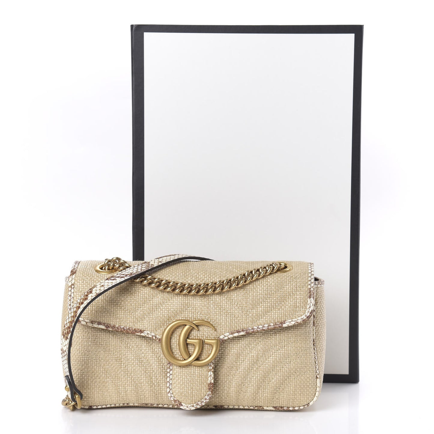 Raffia Elaphe Matelasse Small GG Marmont Shoulder Bag Natural Cream Brown