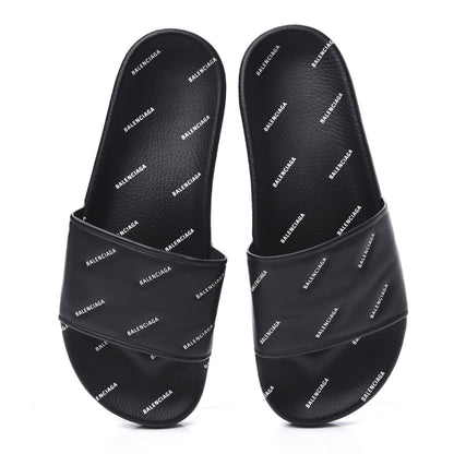 Balenciaga Nappa Allover Logo Embossed Womens Pool Slide Sandals 41 Black White 5 of 11