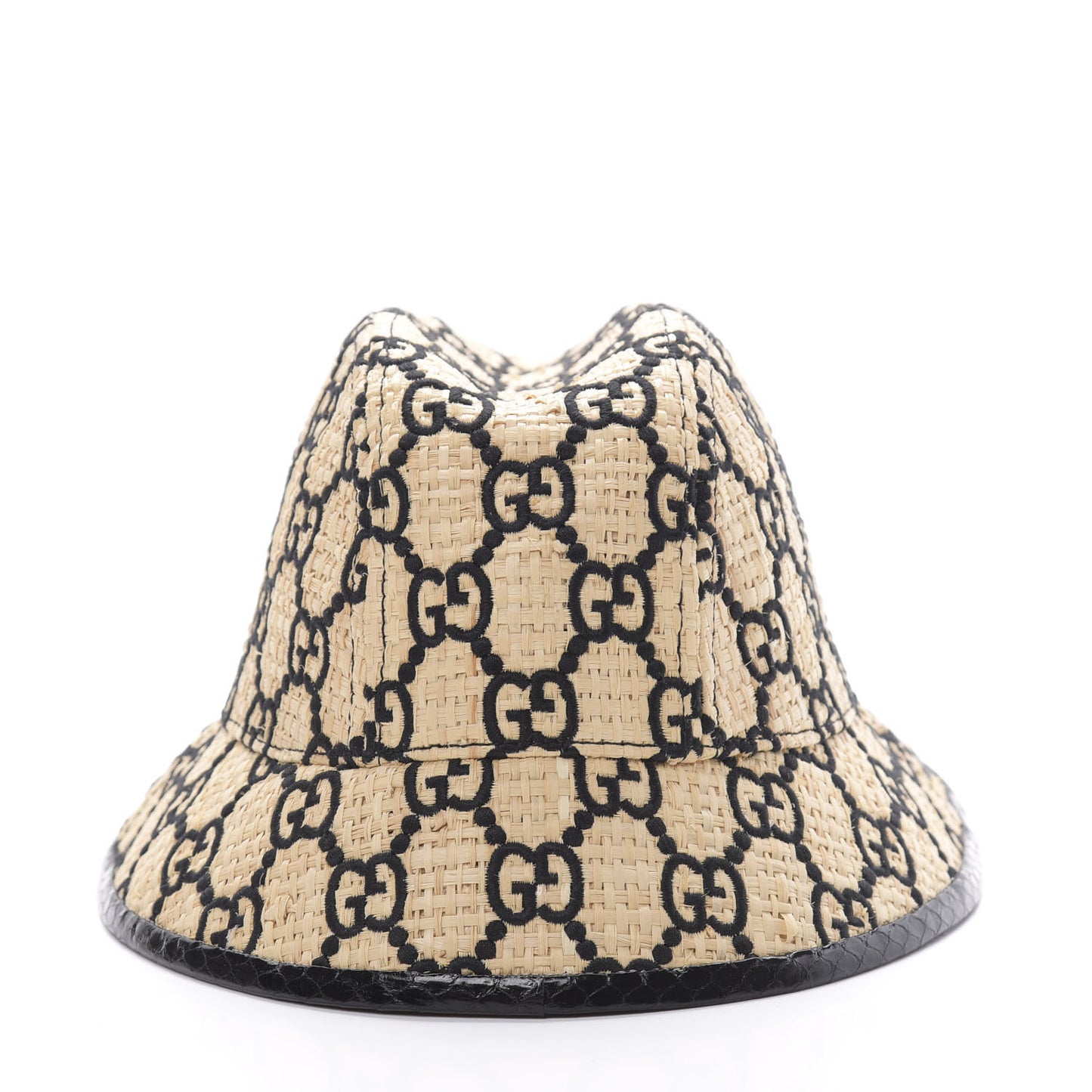 Raffia Elaphe GG Monogram Embroidered Fedora Hat L Ivory Black
