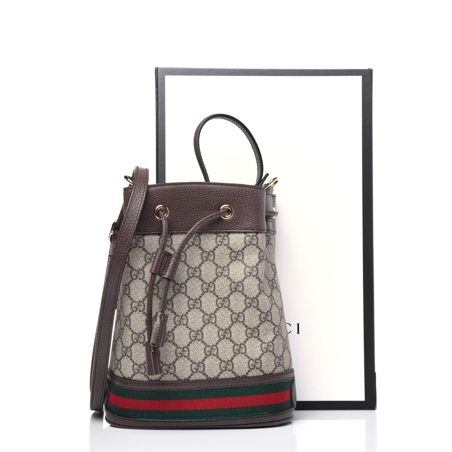 GG Supreme Monogram Web Small Ophidia Bucket Bag Brown
