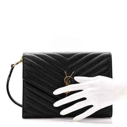 Saint Laurent Grain De Poudre Matelasse Chevron Monogram Envelope Clutch Black 2 of 9