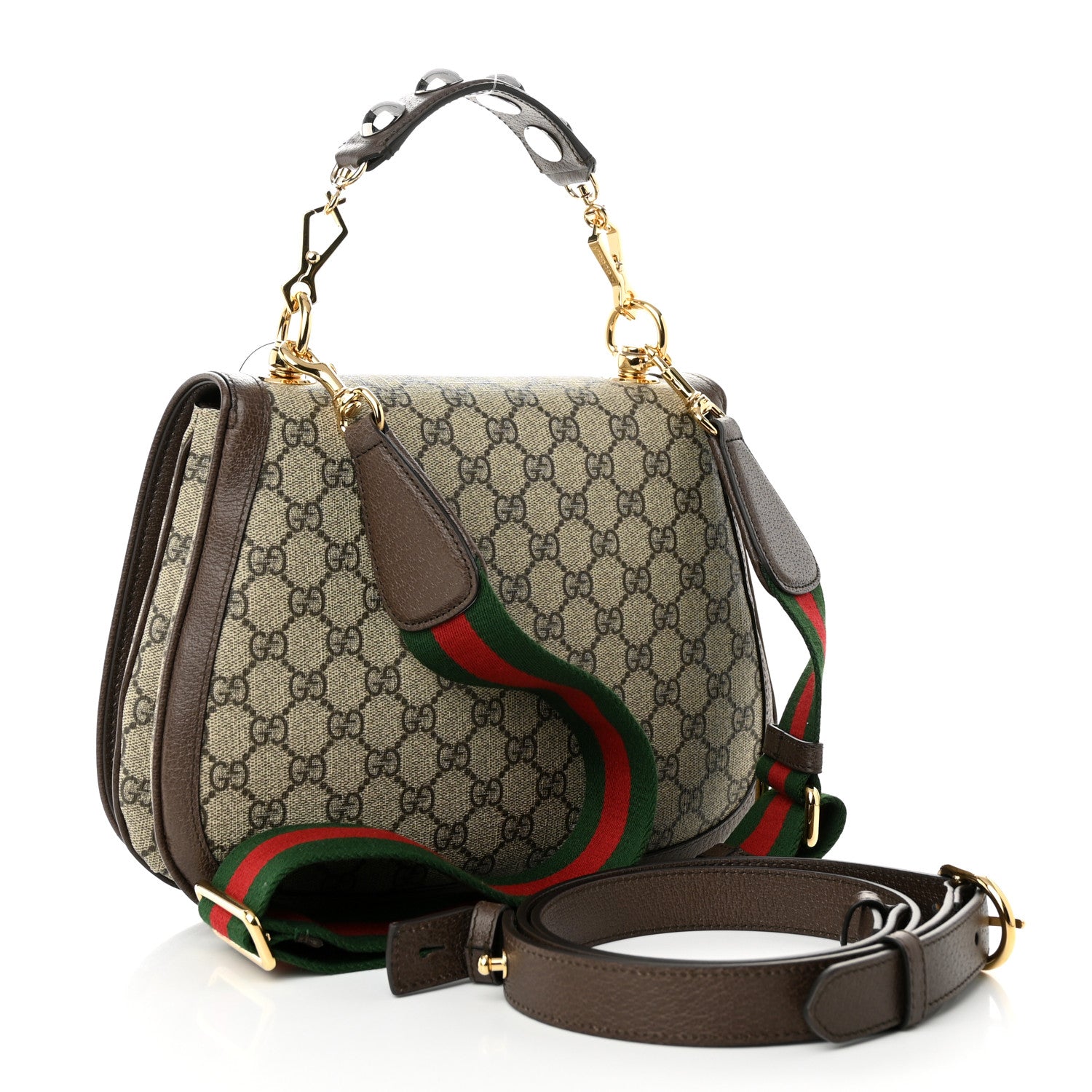 Gucci GG Supreme Monogram Textured Dollar Calfskin Web Medium Blondie Top Handle Shoulder Flap Bag Beige Ebony New Acero 4 of 11