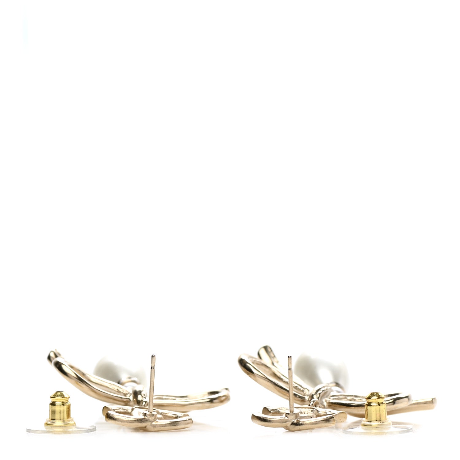Chanel Pearl Crystal CC Bow Drop Earrings Gold Pearly White 3 of 4